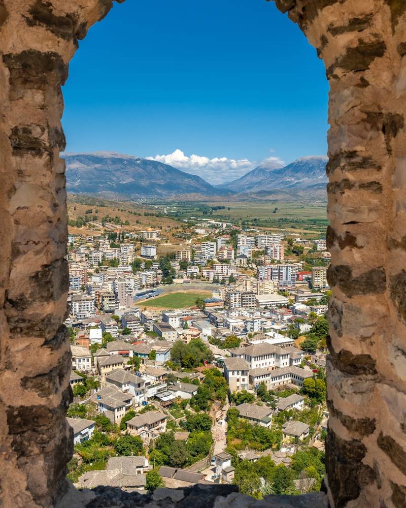 The old stone town of Gjirokaster seen from its hilltop castle, Albania