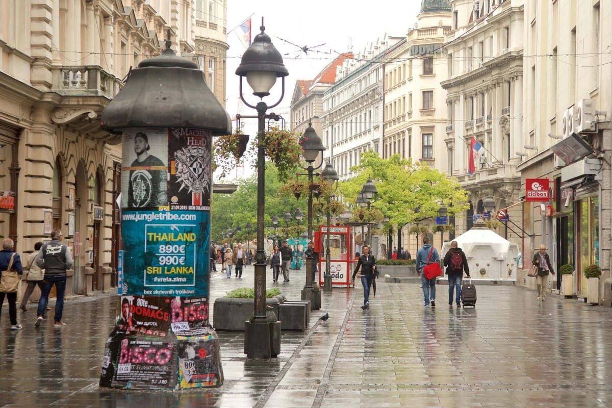 Knez Mihailova, the pedestrian street through Belgrade's Stari Grad old town, on a rainy day.