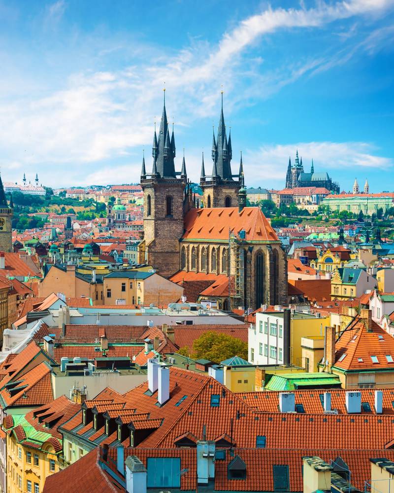 Prague's old town with the twin spires of the Tyn Church and the castle beyond, Czech Republic