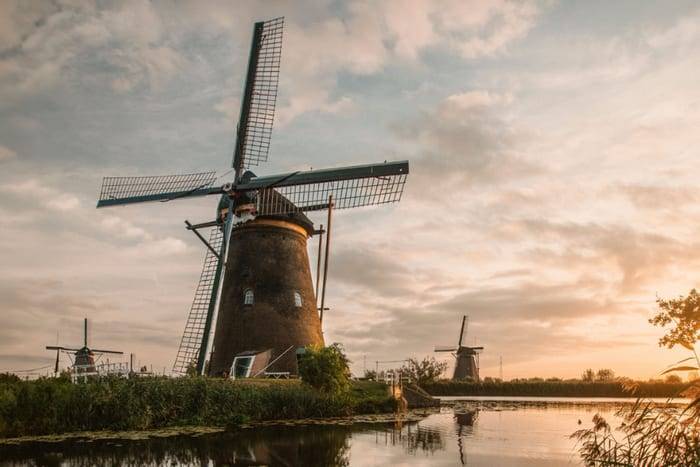 The historic windmills of Kinderdijk at sunset, Netherlands