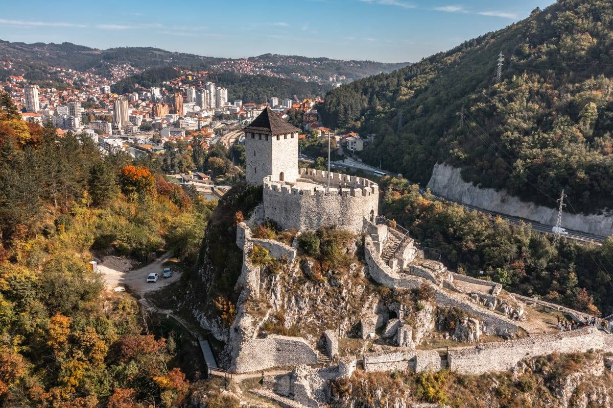 Aerial view of the medieval Old Town fortress above the Đetinja river gorge and the town of Užice, Serbia